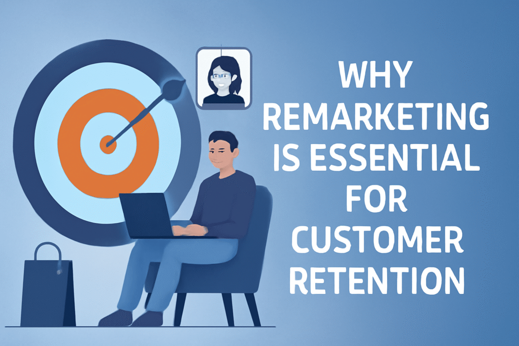 Digital illustration highlighting the importance of remarketing for customer retention, featuring a man working on a laptop with a target symbol behind him, a customer icon above, and bold text 'Why Remarketing is Essential for Customer Retention' to the right, all in a harmonious blue and orange color palette.