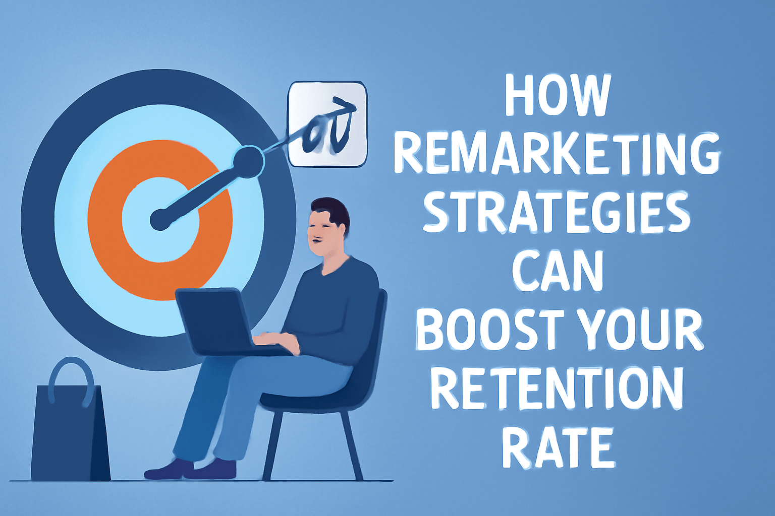 Digital illustration showcasing remarketing strategies to boost retention rates, featuring a young man working on a laptop, a target symbol, and a customer icon, with bold text 'How Remarketing Strategies Can Boost Your Retention Rate' on the right, all in a clean blue and orange color scheme.