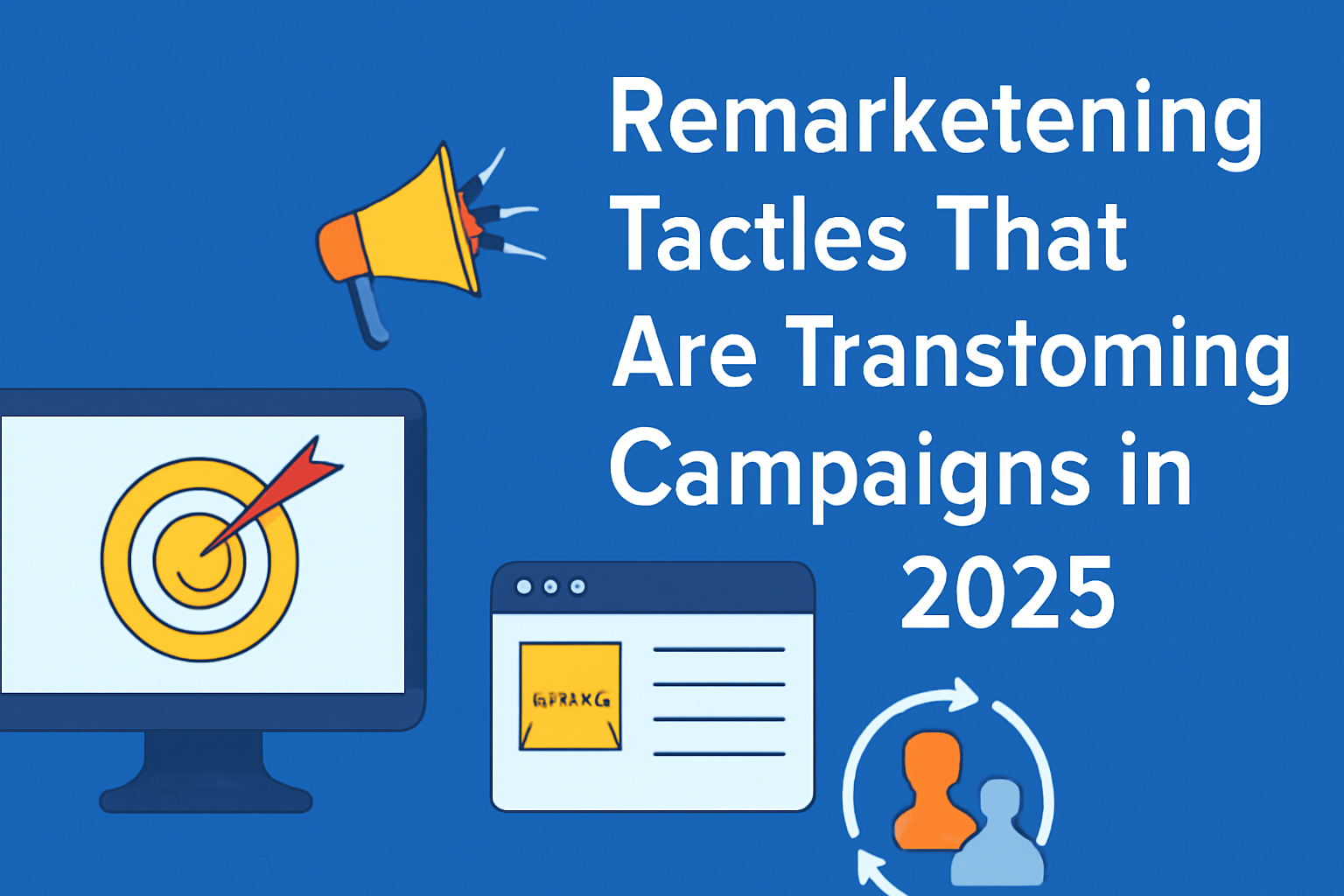 Featured image for blog on remarketing tactics in 2025, with bold white text aligned to the right and icons of a computer monitor with a target, a megaphone, a webpage, and human silhouettes inside a circular arrow, all against a blue background.
