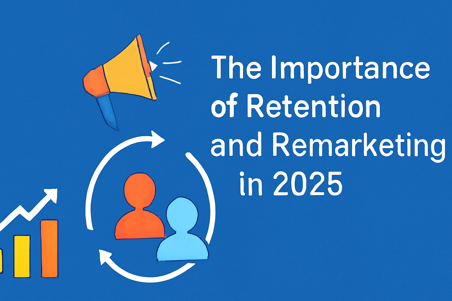 Featured image for blog on the importance of retention and remarketing in 2025, with bold white text on the right and icons of a bar chart, a megaphone, and two human silhouettes inside a circular arrow on the left, set against a blue background.