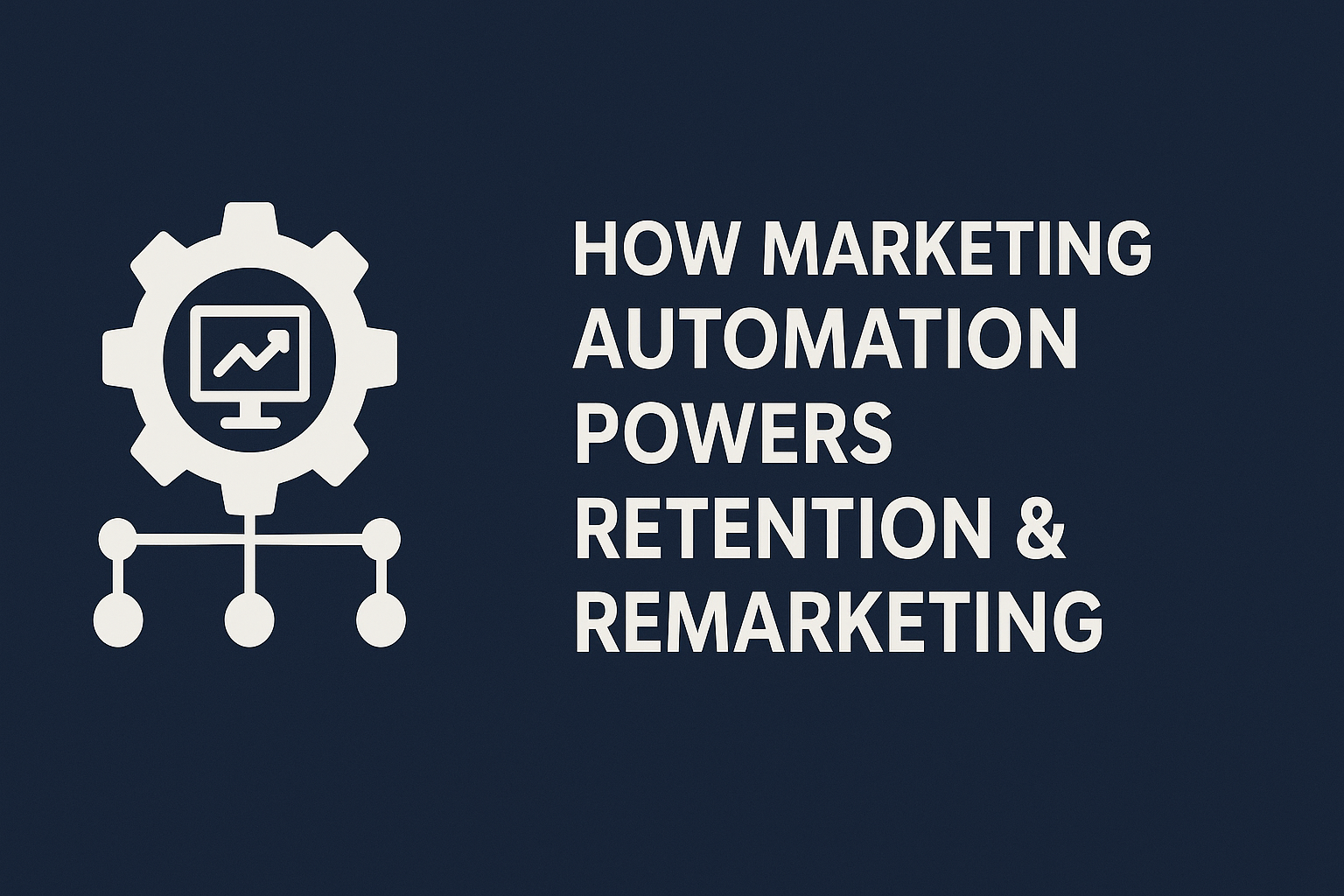 Professional blog graphic showing a gear icon with a computer screen and connected workflow nodes, symbolizing marketing automation. Beside it, bold white text reads 'How Marketing Automation Powers Retention & Remarketing' on a dark blue background.