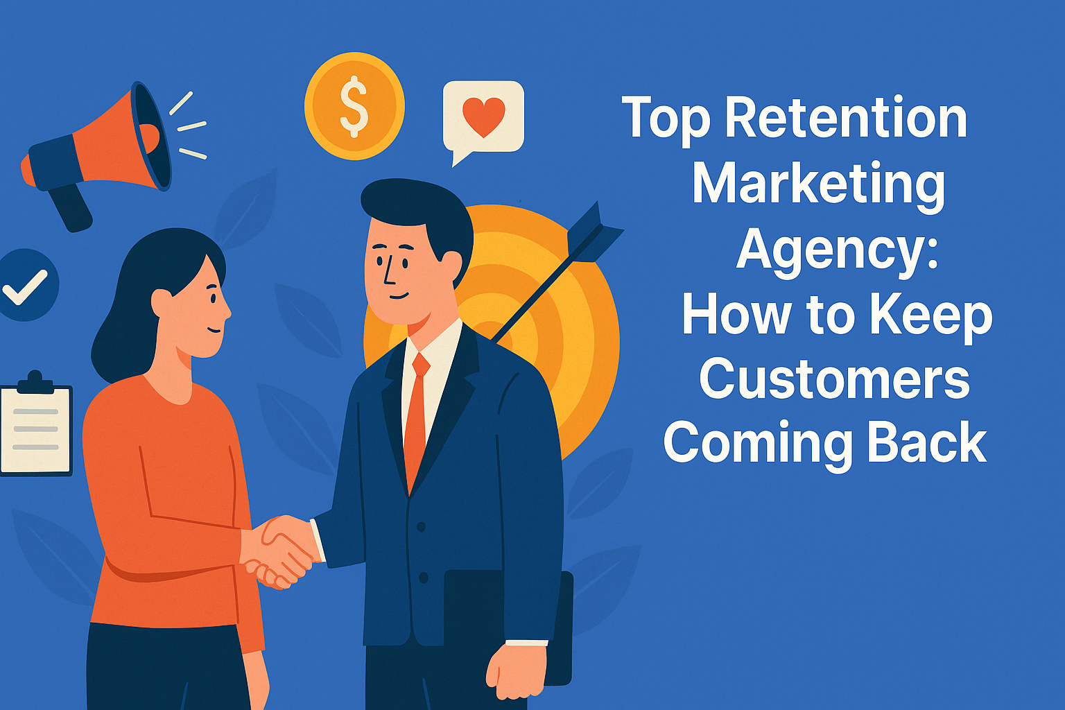 Businessman and woman shaking hands with marketing icons (megaphone, coin, heart, target) in the background. Blog title “Top Retention Marketing Agency: How to Keep Customers Coming Back” displayed on the right side.