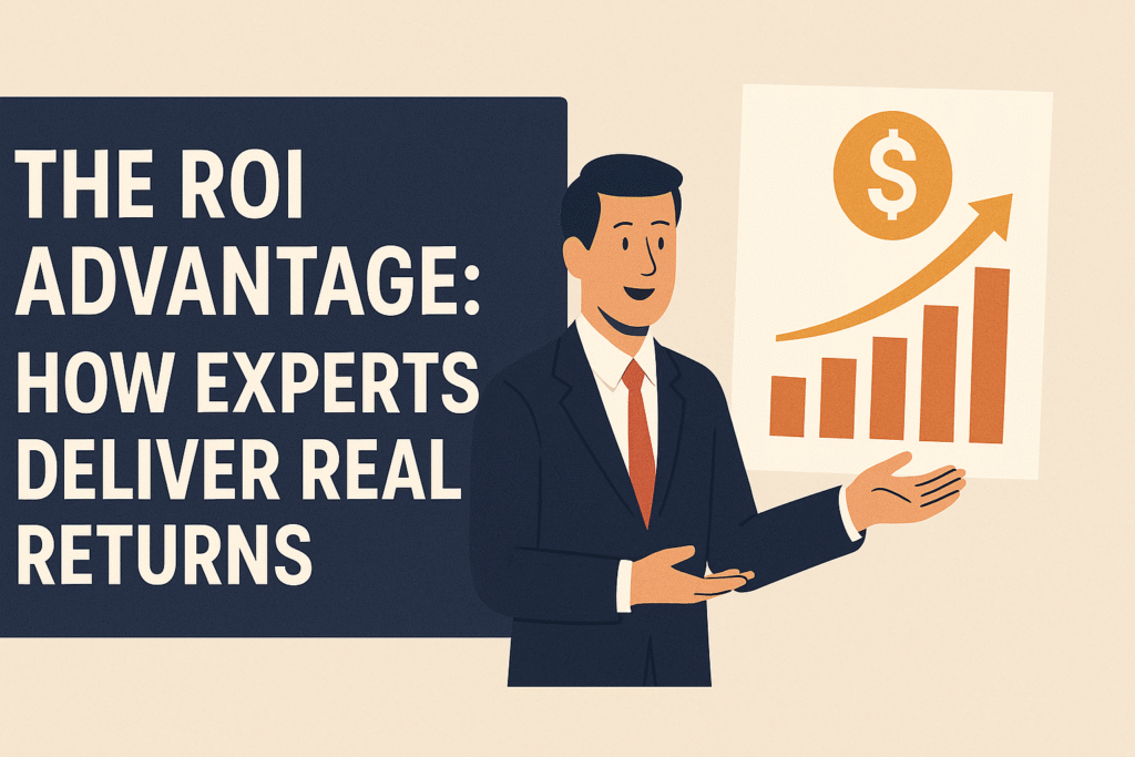 Flat-style illustration of a professional in a suit presenting a bar graph with an upward arrow and dollar sign, symbolizing financial growth and ROI. On the left, bold white text on a dark blue background reads: 'The ROI Advantage: How Experts Deliver Real Returns.