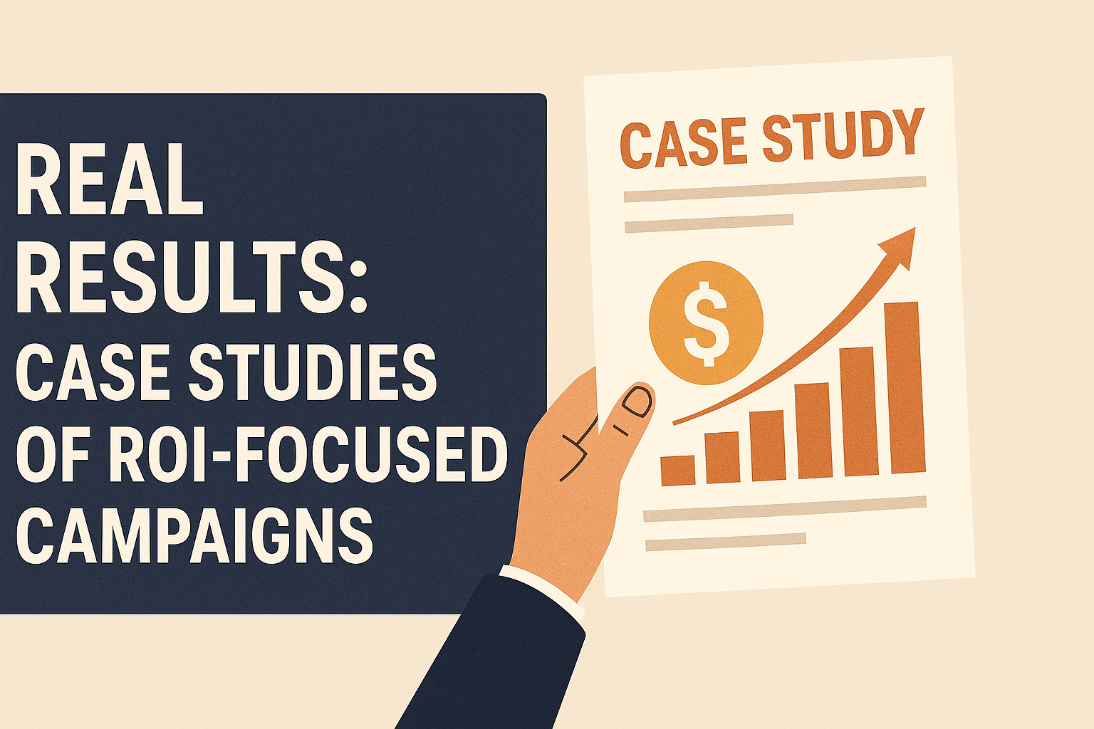 Flat-style illustration of a hand holding a case study report featuring an upward bar graph and a dollar sign, symbolizing successful ROI campaigns. On the left, bold white text on a dark blue background reads: 'Real Results: Case Studies of ROI-Focused Campaigns.
