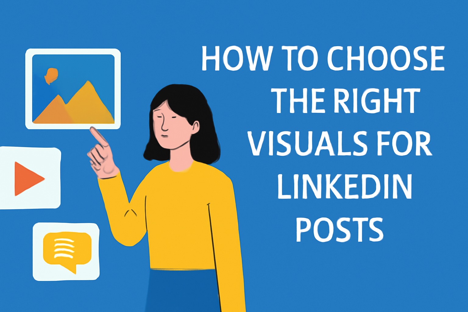 A digital illustration depicting 'How to Choose the Right Visuals for LinkedIn Posts.' A woman in a yellow shirt is pointing at three image options displayed on white-bordered cards. The title 'HOW TO CHOOSE THE RIGHT VISUALS FOR LINKEDIN POSTS' is positioned on the right side, set against a blue background with additional small icons.