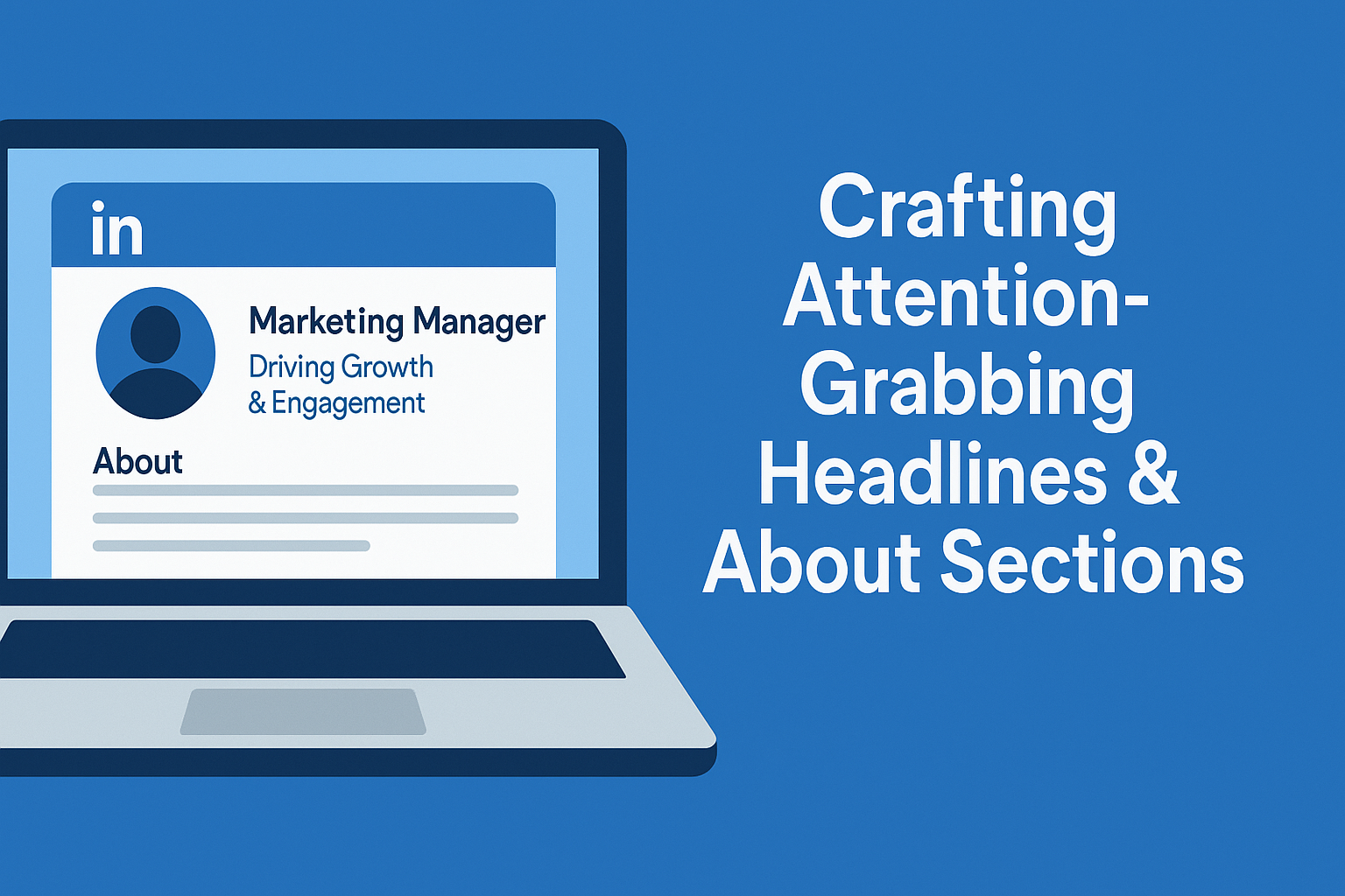 Illustration of a laptop displaying a LinkedIn profile with headline and About section, alongside the text Crafting Attention-Grabbing Headlines & About Sections on a blue background.