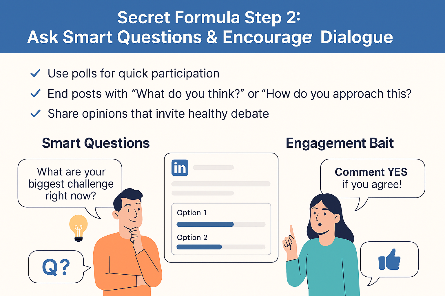 Infographic showing LinkedIn engagement strategy with smart questions like polls and open-ended prompts compared against engagement bait examples such as 'Comment YES if you agree'.