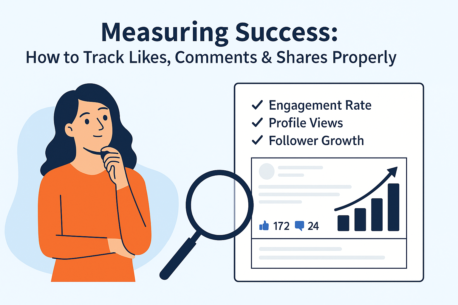 Infographic showing how to measure LinkedIn success with engagement rate, profile views, and follower growth, illustrated with a magnifying glass, bar chart, and reaction icons.