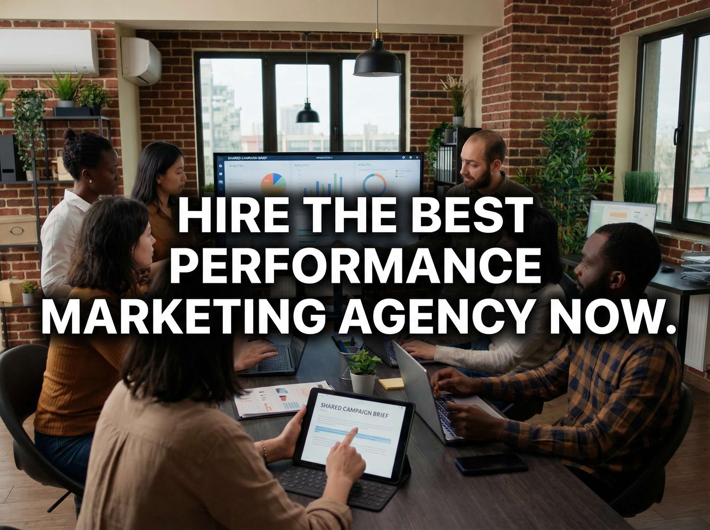 Team meeting discussing analytics with “Hire the Best Performance Marketing Agency” text overlay.