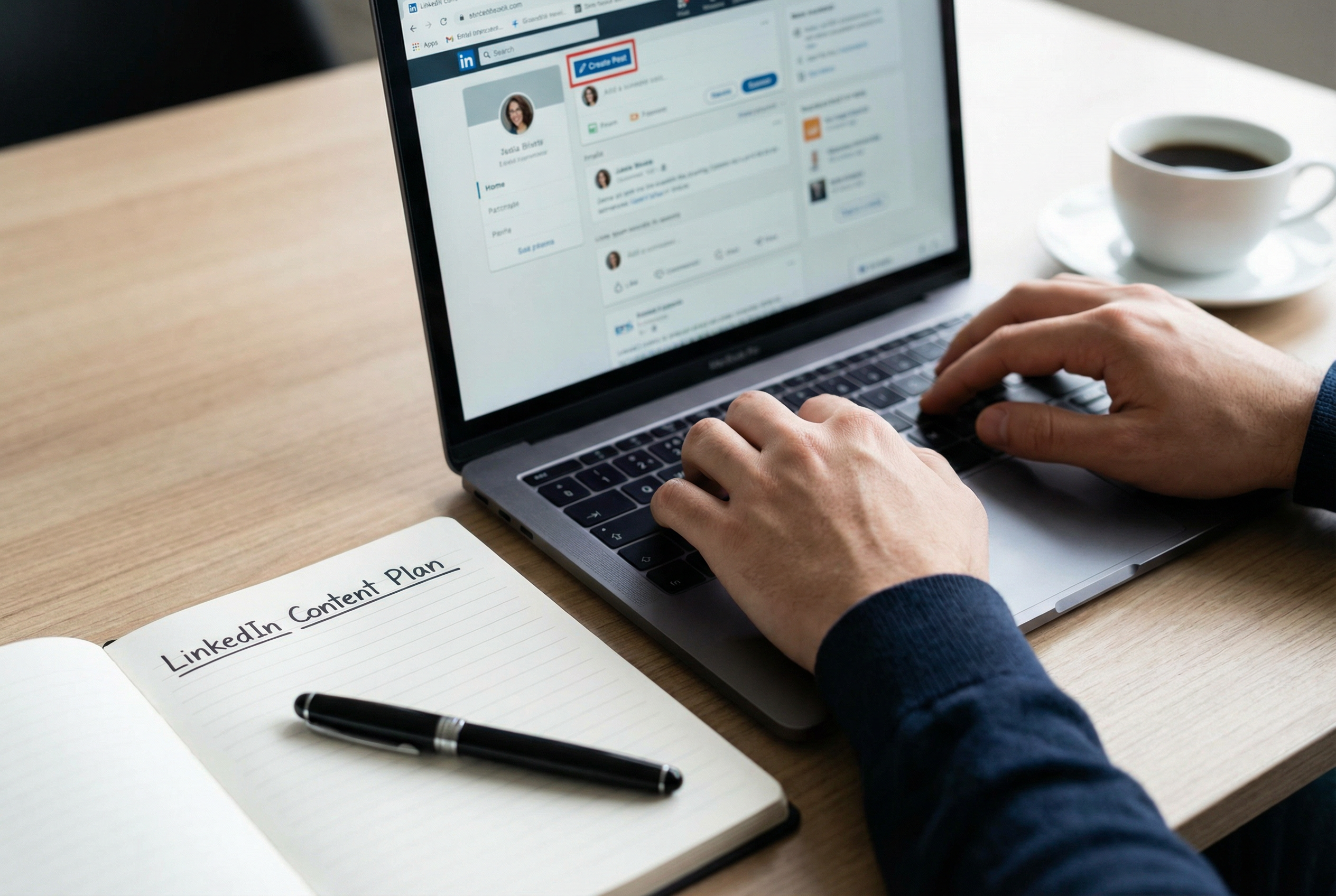 Professional working on a laptop with LinkedIn open, planning a LinkedIn content strategy in a notebook on a desk with coffee