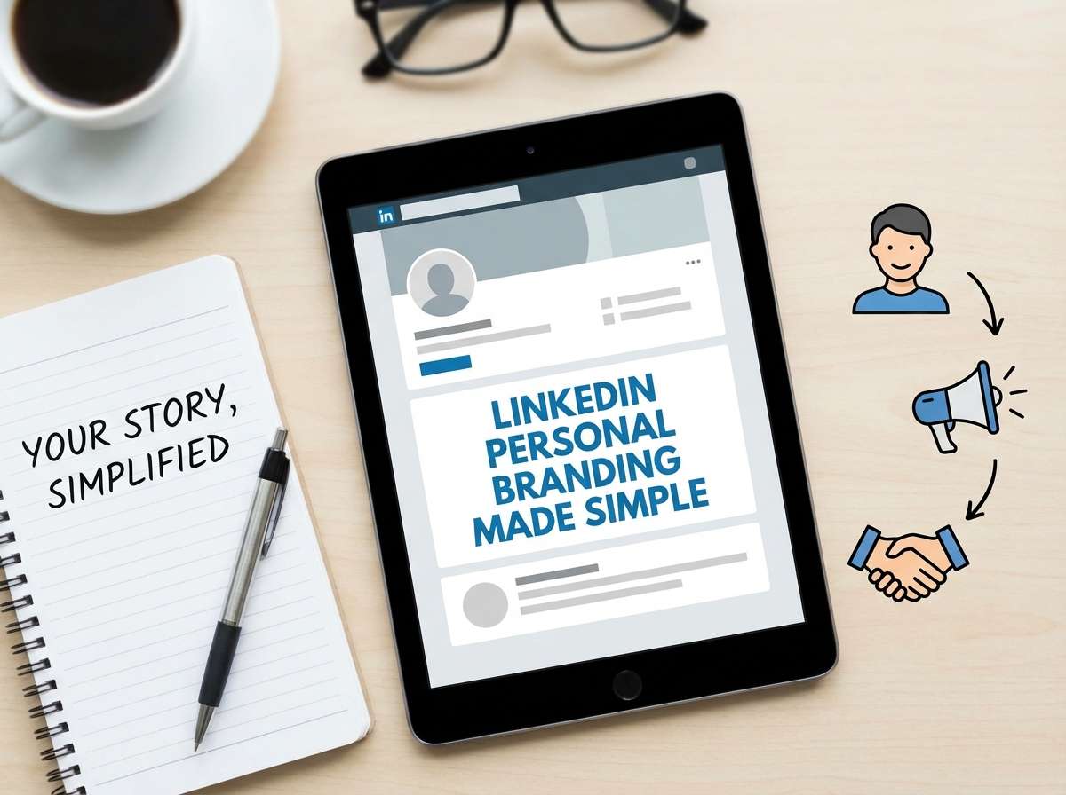 LinkedIn Personal Branding Made Simple displayed on tablet screen with notebook and coffee on desk
