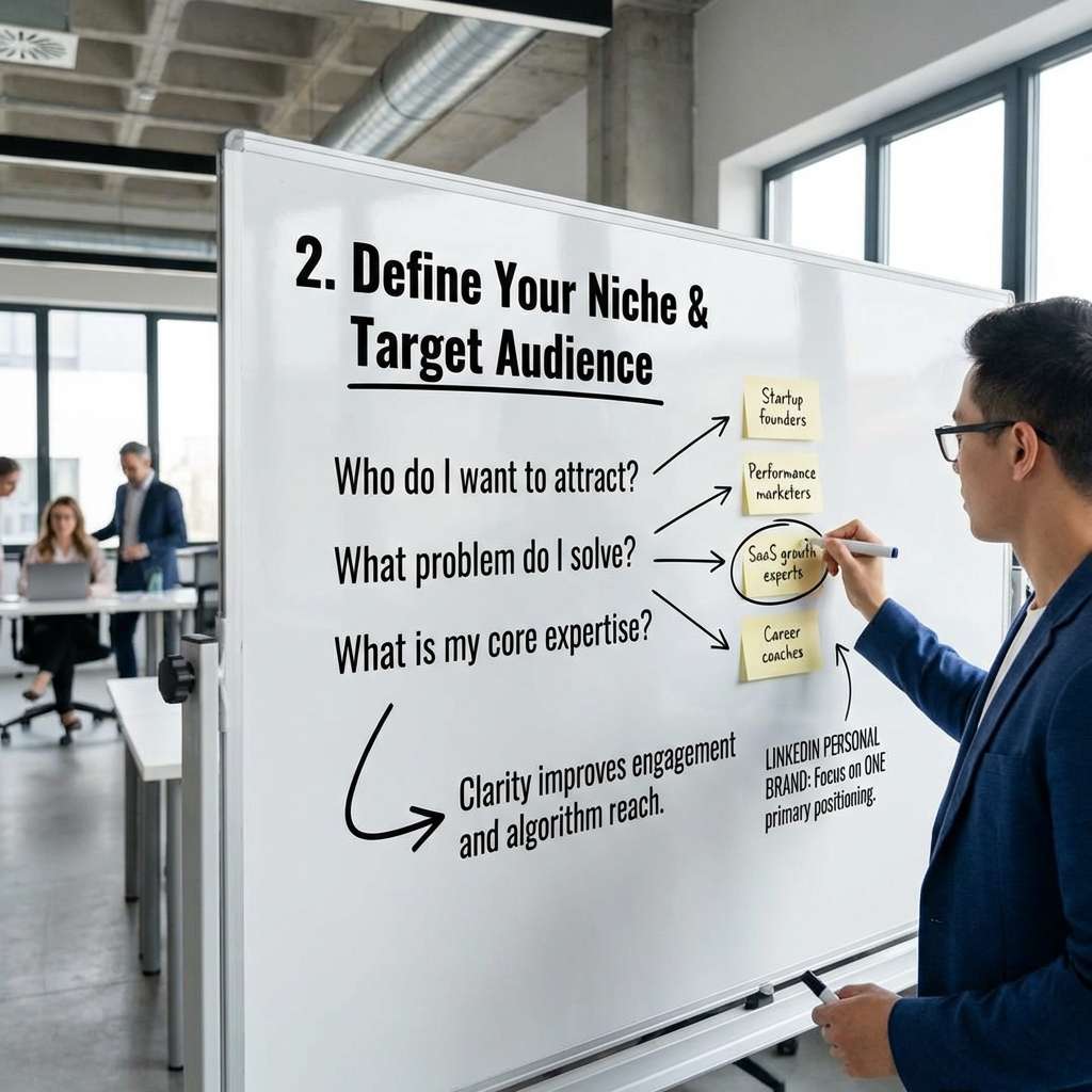 Defining niche and target audience for LinkedIn personal brand on whiteboard