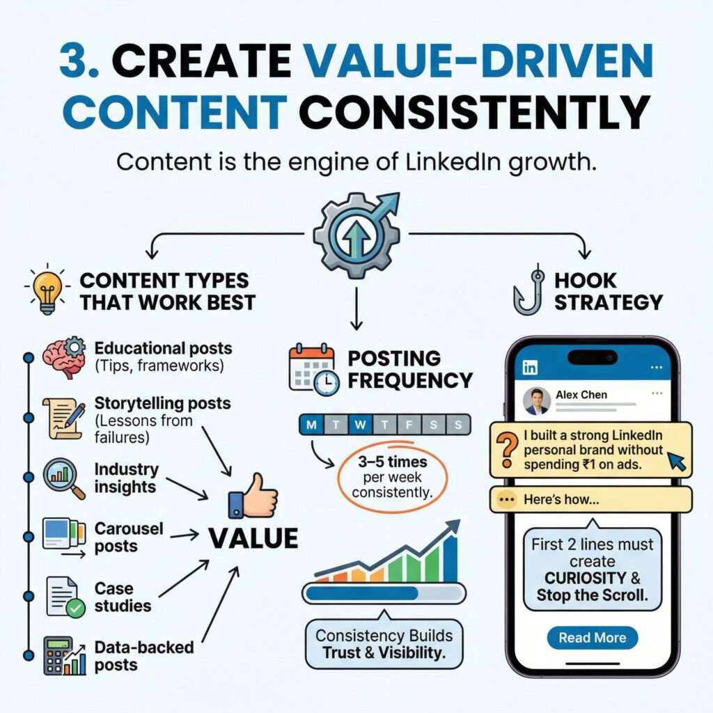 LinkedIn content strategy infographic with posting tips and hook examples