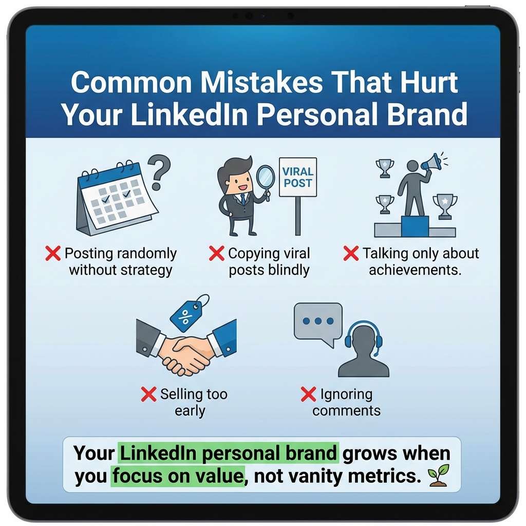 Common LinkedIn personal branding mistakes infographic
