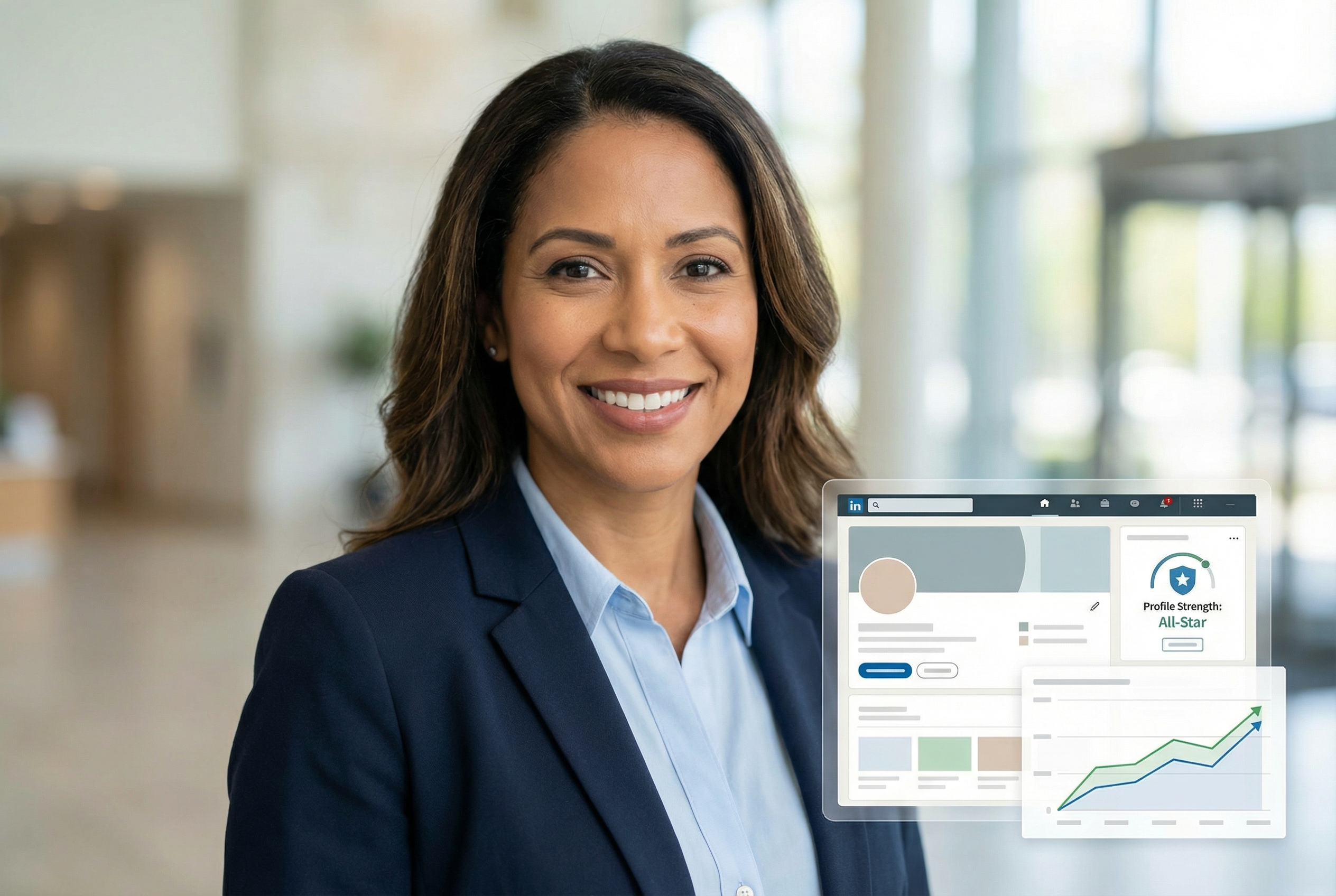 Professional woman in a navy blazer smiling in a modern office setting, with a LinkedIn profile interface overlay showing an “All-Star” profile strength badge and an upward-trending analytics graph.