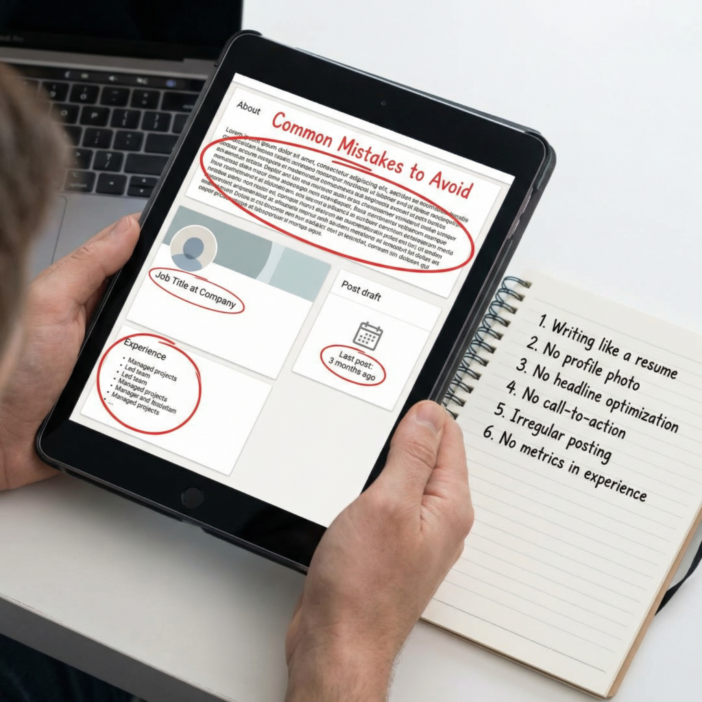Person holding a tablet displaying a LinkedIn profile mockup labeled “Common Mistakes to Avoid,” with sections circled in red. A notebook beside it lists mistakes such as writing like a resume, no profile photo, no headline optimization, no call-to-action, irregular posting, and no metrics in experience.
