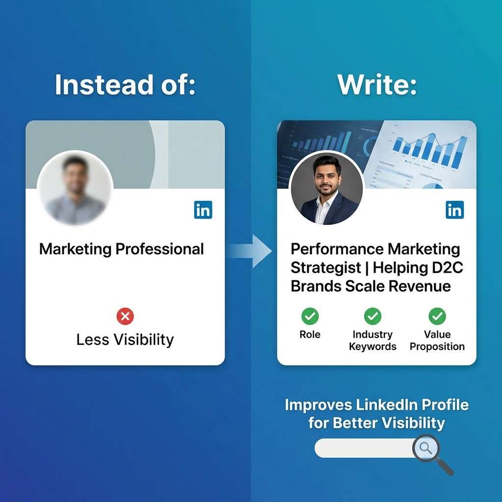 Side-by-side graphic showing a generic LinkedIn headline “Marketing Professional” with low visibility versus a keyword-rich headline “Performance Marketing Strategist | Helping D2C Brands Scale Revenue,” highlighting improved visibility through clear role, industry keywords, and value proposition.