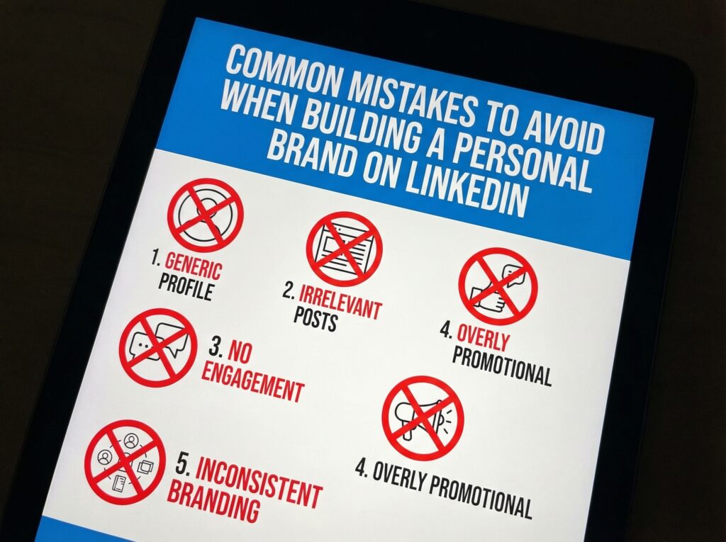Infographic showing common mistakes to avoid when building a LinkedIn profile, highlighting tips on how to create a personal brand on LinkedIn.