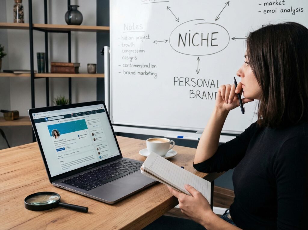 Professional researching a niche and reviewing a LinkedIn profile on a laptop, demonstrating steps on how to create a personal brand on LinkedIn.