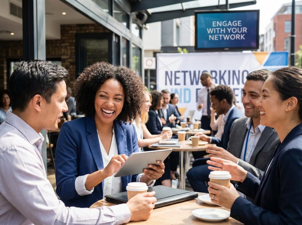 Professionals networking and discussing ideas at a business meetup, representing strategies on how to create a personal brand on LinkedIn.