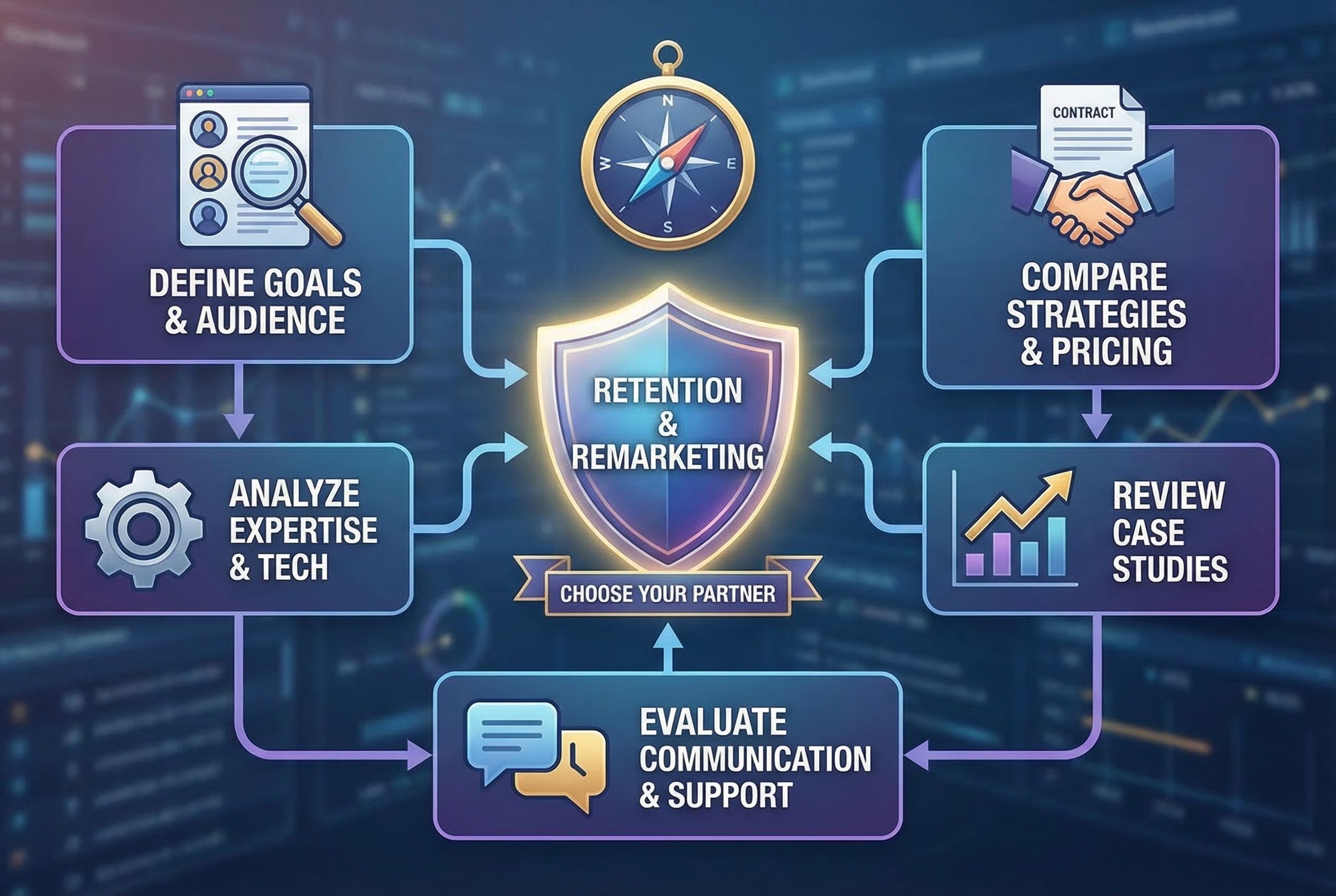 How to Choose the Top Retention and Remarketing Agency infographic showing steps like defining goals and audience, analyzing expertise and technology, comparing strategies and pricing, reviewing case studies, and evaluating communication.