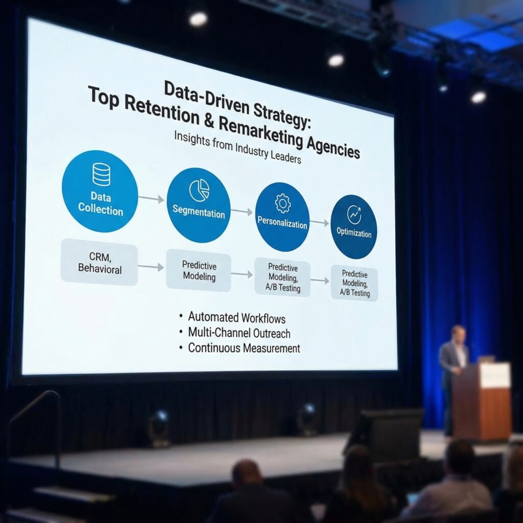 How to Choose the Top Retention and Remarketing Agency presentation slide showing a data-driven strategy including data collection, segmentation, personalization, and optimization for customer retention.