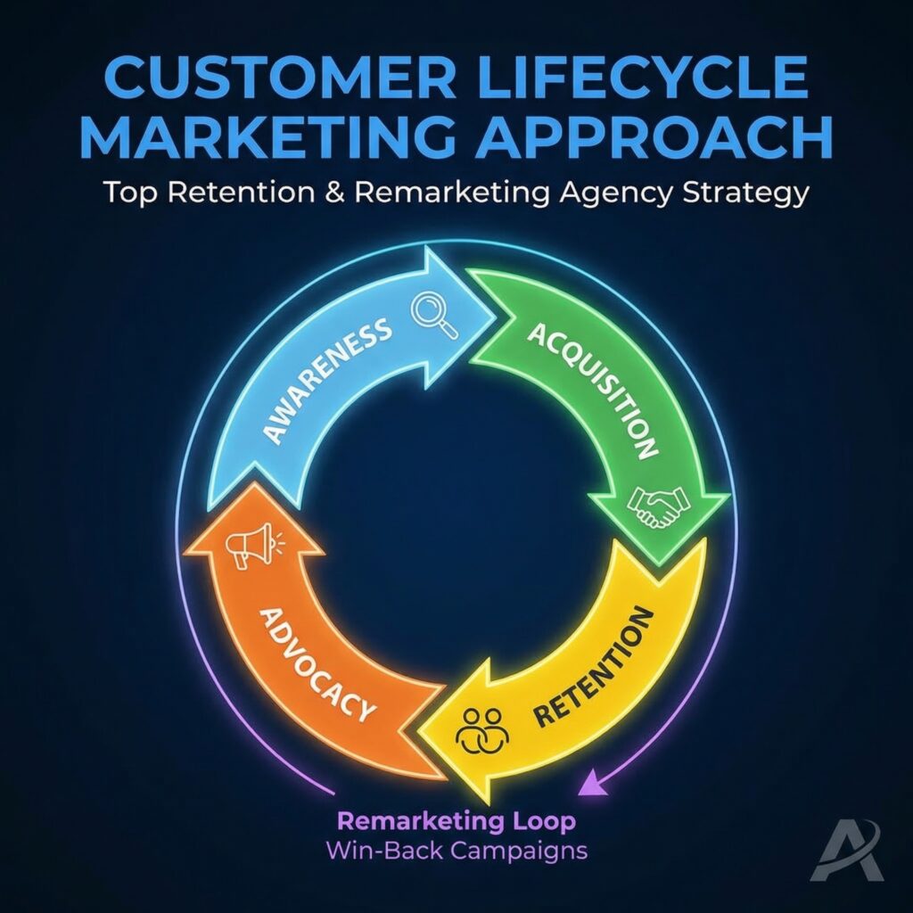 How to Choose the Top Retention and Remarketing Agency infographic showing the customer lifecycle marketing approach including awareness, acquisition, retention, and advocacy with a remarketing loop.