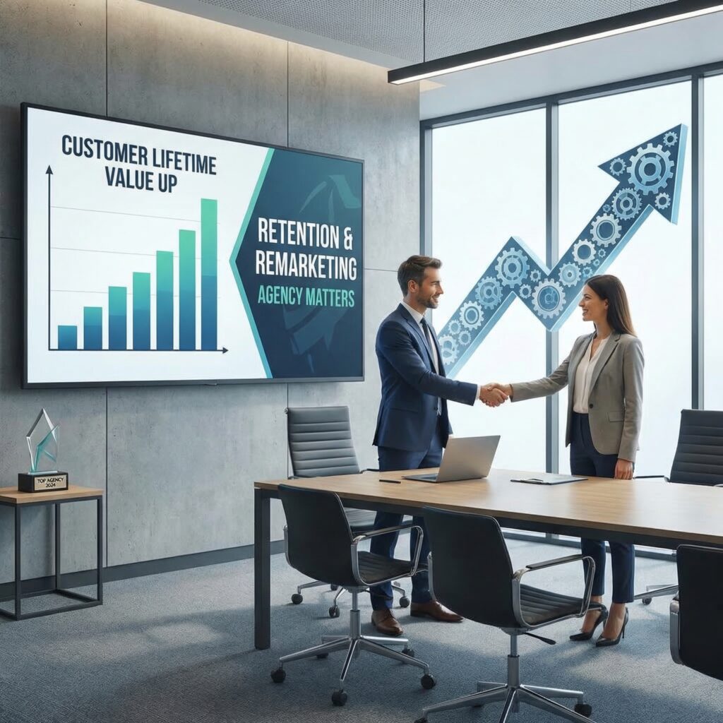 How to Choose the Top Retention and Remarketing Agency illustrated by a business meeting where professionals shake hands while discussing strategies to increase customer lifetime value and retention growth.